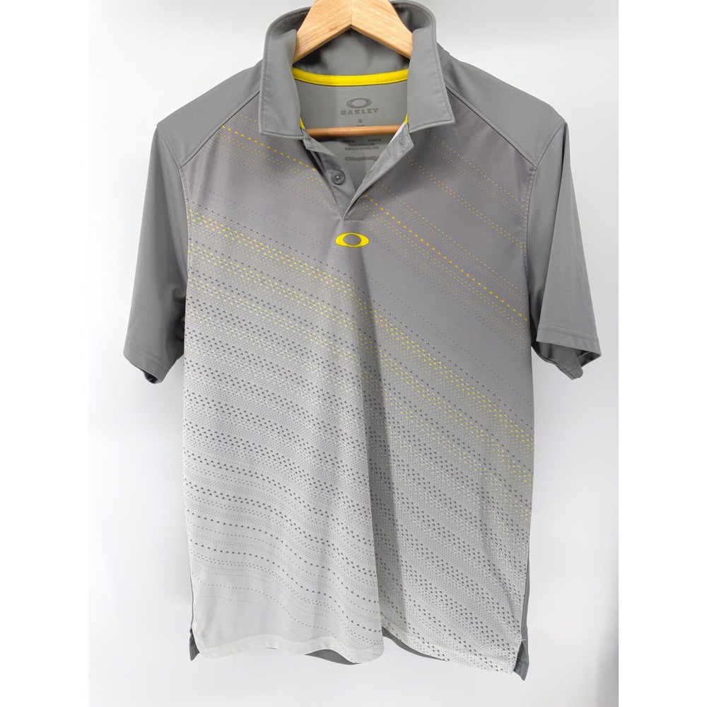 Oakley Polo Shirt Mens Small Grey Yellow Geometric Print Performance Gorpcore